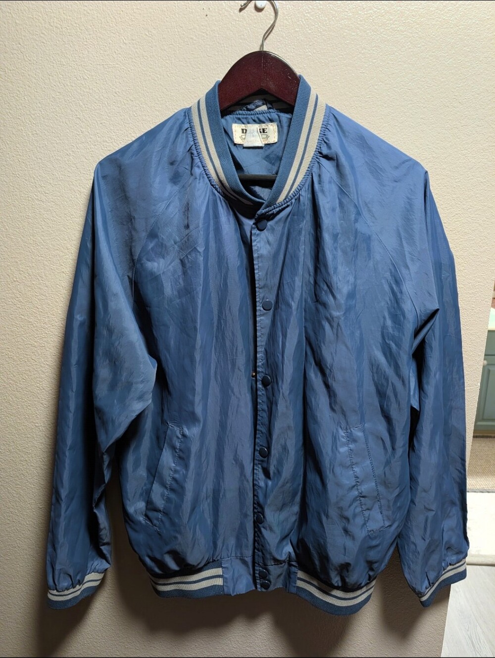 Vintage Duke Haband Nylon Bomber Jacket Mens Blue Snap Front Windbreaker Size XL